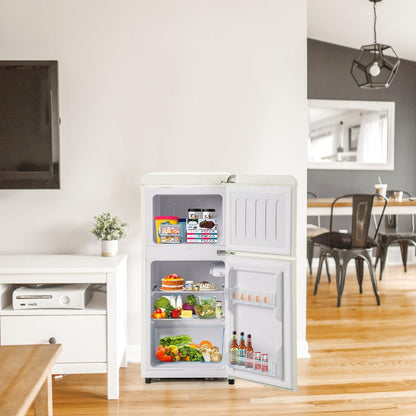 Compact retro refrigerator with freezer compartment, 60 litres total volume (22 l freezer/38 l refrigerator compartment), energy class E, cream white, 89 cm height, quiet 45 dB, 7 temperature levels - QUORE