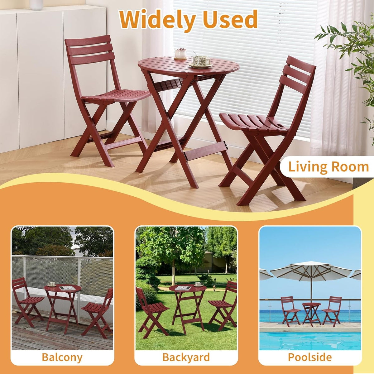 Bistroset 3-delig, rood, balkonset 2 stoelen, 1 tafel, balkonmeubel, inklapbaar, voor binnen en buiten, met rugleuning, inklapbare terrasmeubelset voor balkon, tuin, zwembad