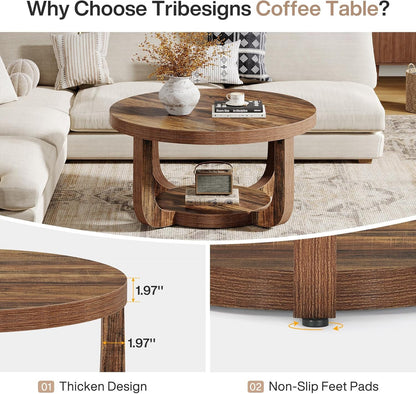 Tribesigns Round Coffee Table, 2-Step Round Coffee Table with Storage Space, 80 cm, Modern Accent Table Made of Wood for Living Room, Thick Table Top and Base, Rustic Brown