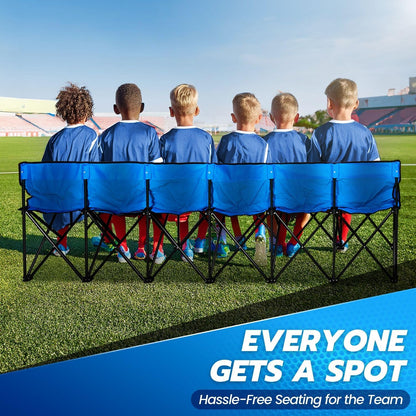 Flexzion Draagbare opvouwbare bank, 6-zits, opvouwbare voetbalbank, draagbare bankstoelen voor bleekmiddelen, camping, zijlijn, met rugleuning en draagtas, blauw