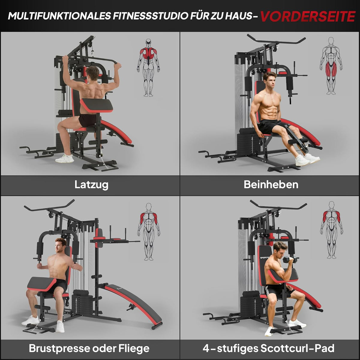 SPORTNOW Kraftstation,Multifunktionale Fitnessstation mit Butterfly- & Latzugstange,Curler, Brustpresse, Sit-Up-Bank, Fitnessgerät mit 65 kg Weightblöcken für Zuhause, Schwarz - QUORE