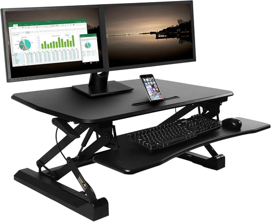 Seville Classics In hoogte verstelbaar tot 19,1 inch dubbele monitorverhoger met toetsenbordlade en smartphone/tablet-standaard, aluminium, zwart, 90 cm x 59 cm
