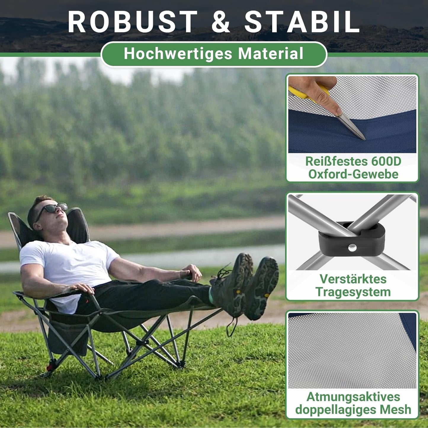 #WEJOY 2-in-1 campingstoel, opvouwbaar, strandstoel met verstelbare rugleuning en voetensteun, relaxstoel, ligstoel met bekerhouder, ligstoel voor outdoor camping