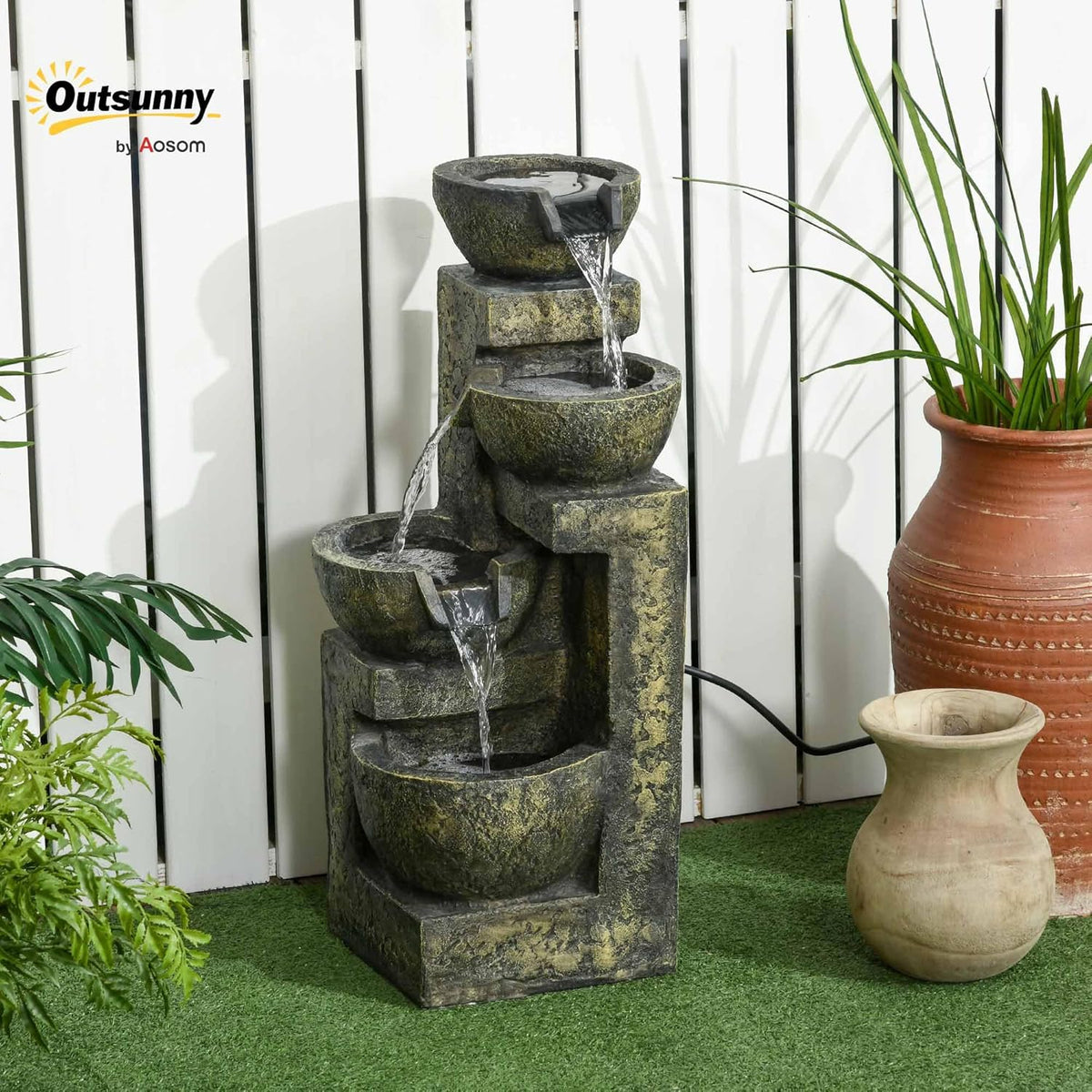 Outsunny garden fountain adjustable power fountain 4 layers decorative fountain water feature waterfall for garden garden pond patio resin fountain - QUORE