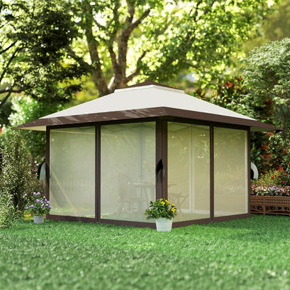 Outsunny Pavillon 4x4m Wasserdicht Höhenverstellbar Pop-up Faltpavillon mit Netzwänden UV 50+ Faltbar Partyzelt Gartenzelt mit Tragetasche Sandsäcke Gartenpavillon für Camping Garten Festival, Beige - QUORE
