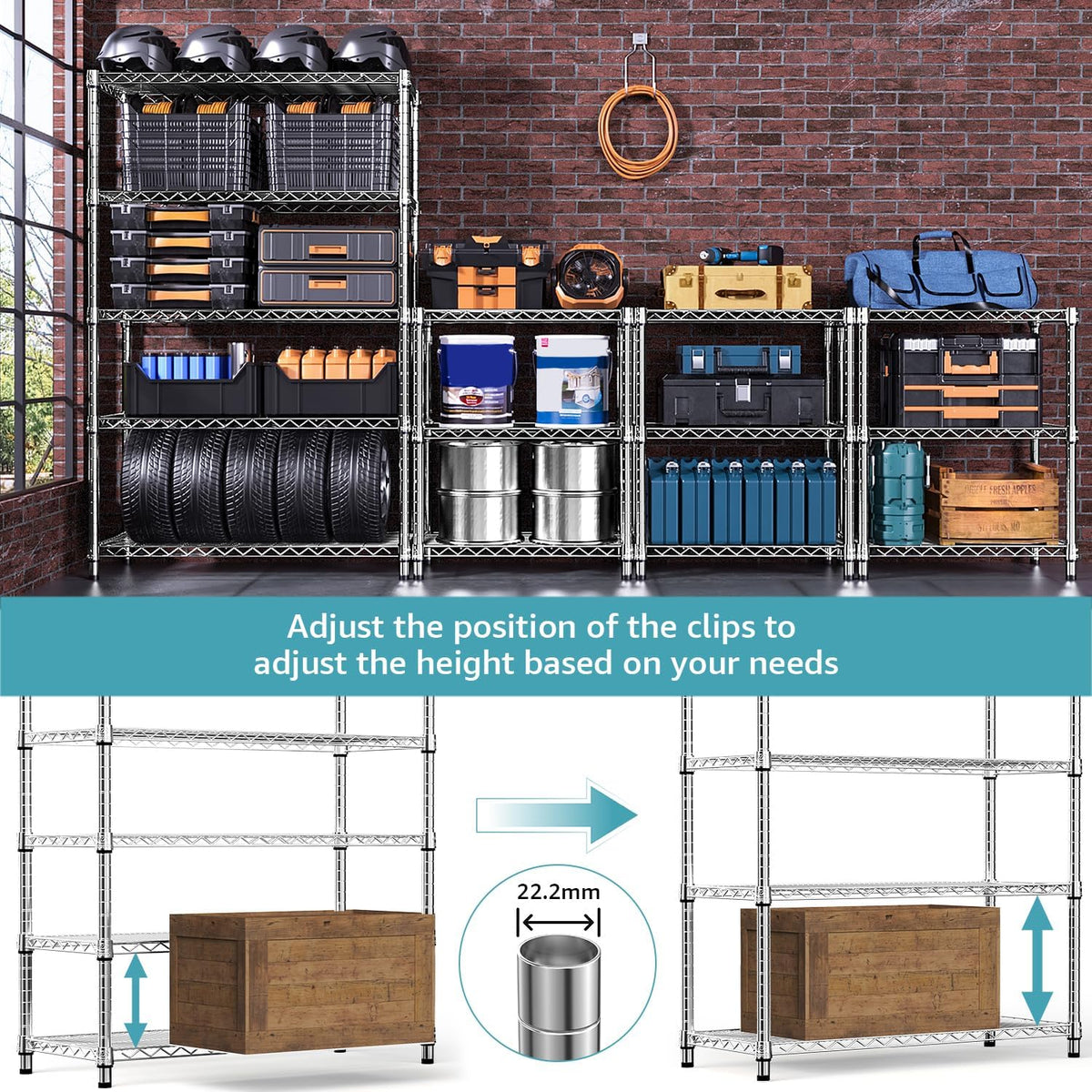MZG Stalen Opslagrekken 5-Tier Utility Rekken Unit Stalen Organizer Draadrek voor Thuis, Keuken, Kantoor, Garage, 17,7 "D x 47,2 "B x 72,3 "H