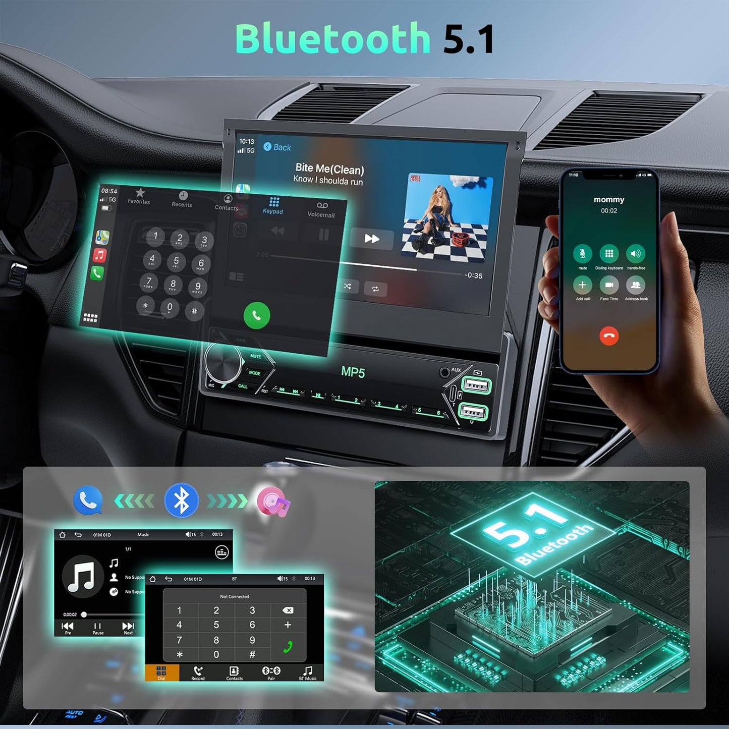 Autoradio, 1 Din met draadloze Carplay Android auto, 7 inch IPS HD, handmatige flip-touchscreen-radio, ondersteuning Bluetooth Link spiegel, DAB FM 2 USB Type-C stuurwielbedieningselementen