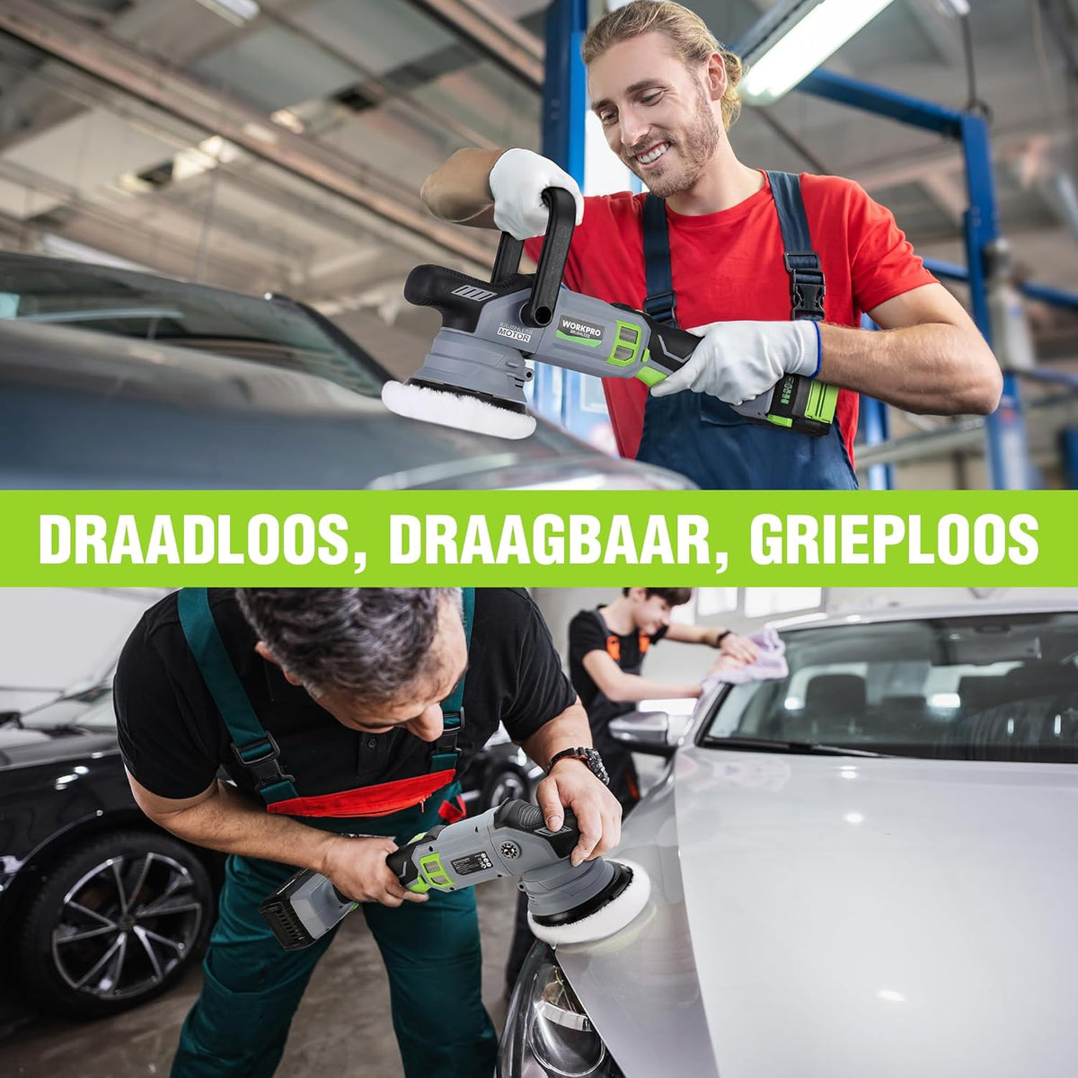 WORKPRO 20V accu polijstmachine, auto polijstmachine snoerloos met 7 snelheden (2000-5000 RPM), 1 x 4.0Ah accu, dubbele actie, met opbergtas, voor auto, vloeren, tegels