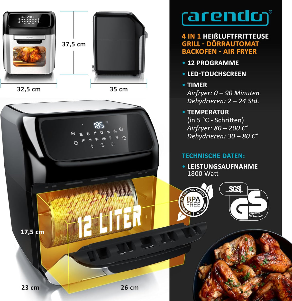 Arendo - 4-in-1 heteluchtfriteuse 12 liter – grill – droogautomaat – oven – airfryer – led-touchscreen – Easy&Clean – draaigrill zonder olie – circulatielucht – pizza kip frietjes – BPA-vrij