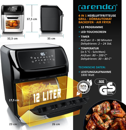 Arendo - 4-in-1 heteluchtfriteuse 12 liter – grill – droogautomaat – oven – airfryer – led-touchscreen – Easy&Clean – draaigrill zonder olie – circulatielucht – pizza kip frietjes – BPA-vrij