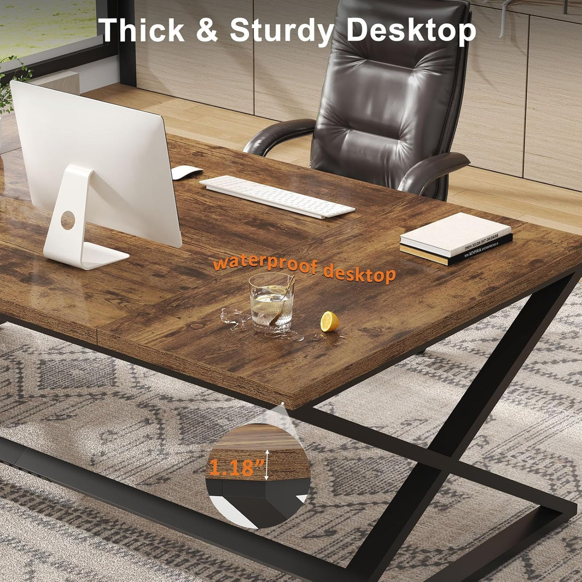 IBF 71 inch Rustiek computerbureau, extra lang houten bureau voor thuis, industriële metalen grote werkstudie schrijftafel, dubbele monitor pc werkstation computertafel voor twee personen, rustiek