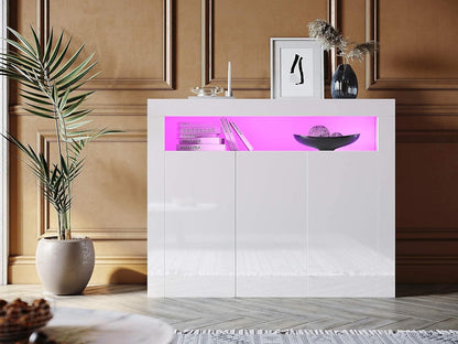SONNI Sideboard White High Gloss with LED, 12 Colours Can Be Adjusted, 3 Doors, Cupboard, Comod Cabinet, Dresser for Kitchen, Dining Room, Living Room, 116 x 35 x 93 cm, GK002 - QUORE