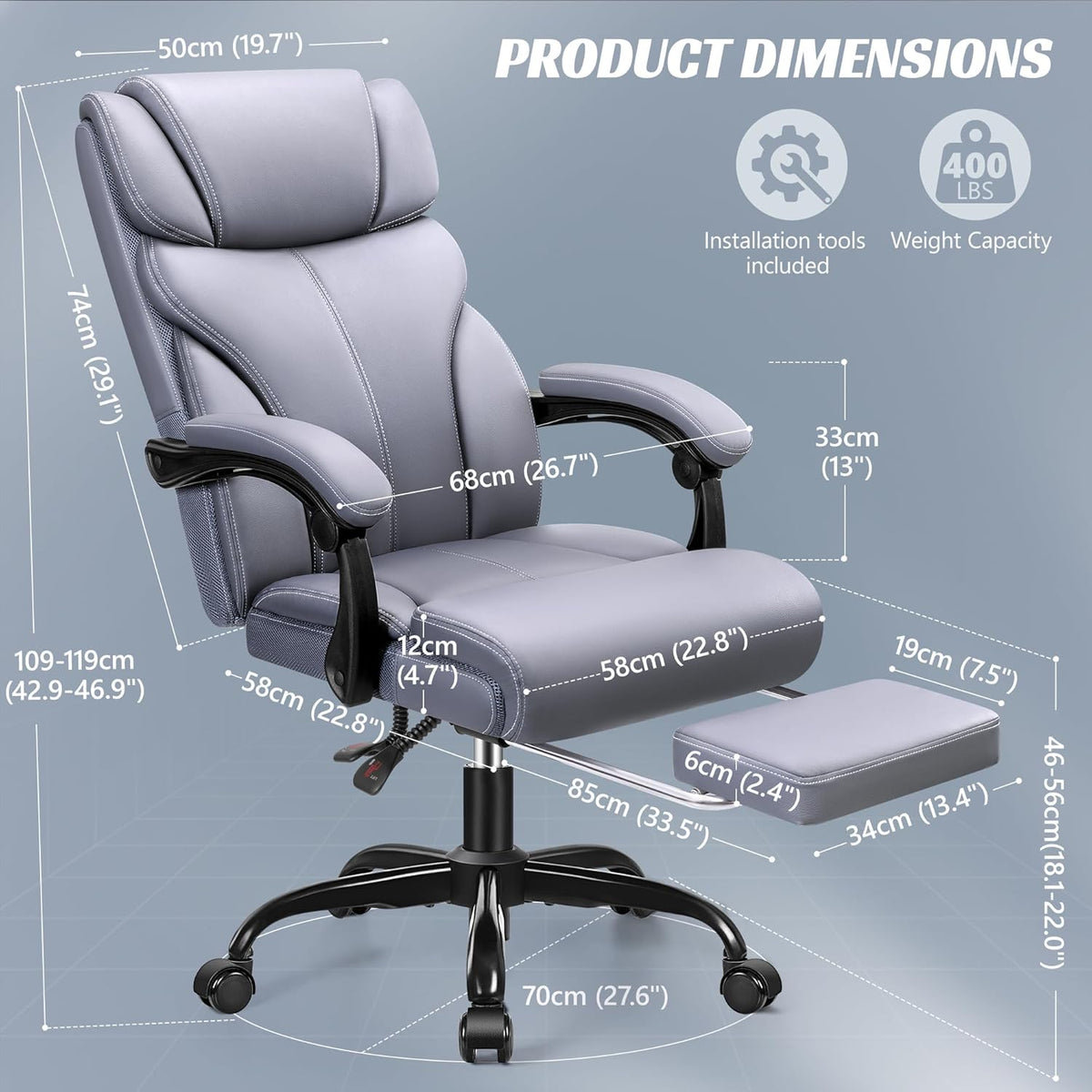 Ergonomische Bureaustoel – Bureaustoel Leder – Kantoorstoel Draaibaar – Executive Bureaustoel – Bureaustoel Met Voetensteun – Verstelbare Hoogte 109-119 cm – Matgrijs PU-Leder