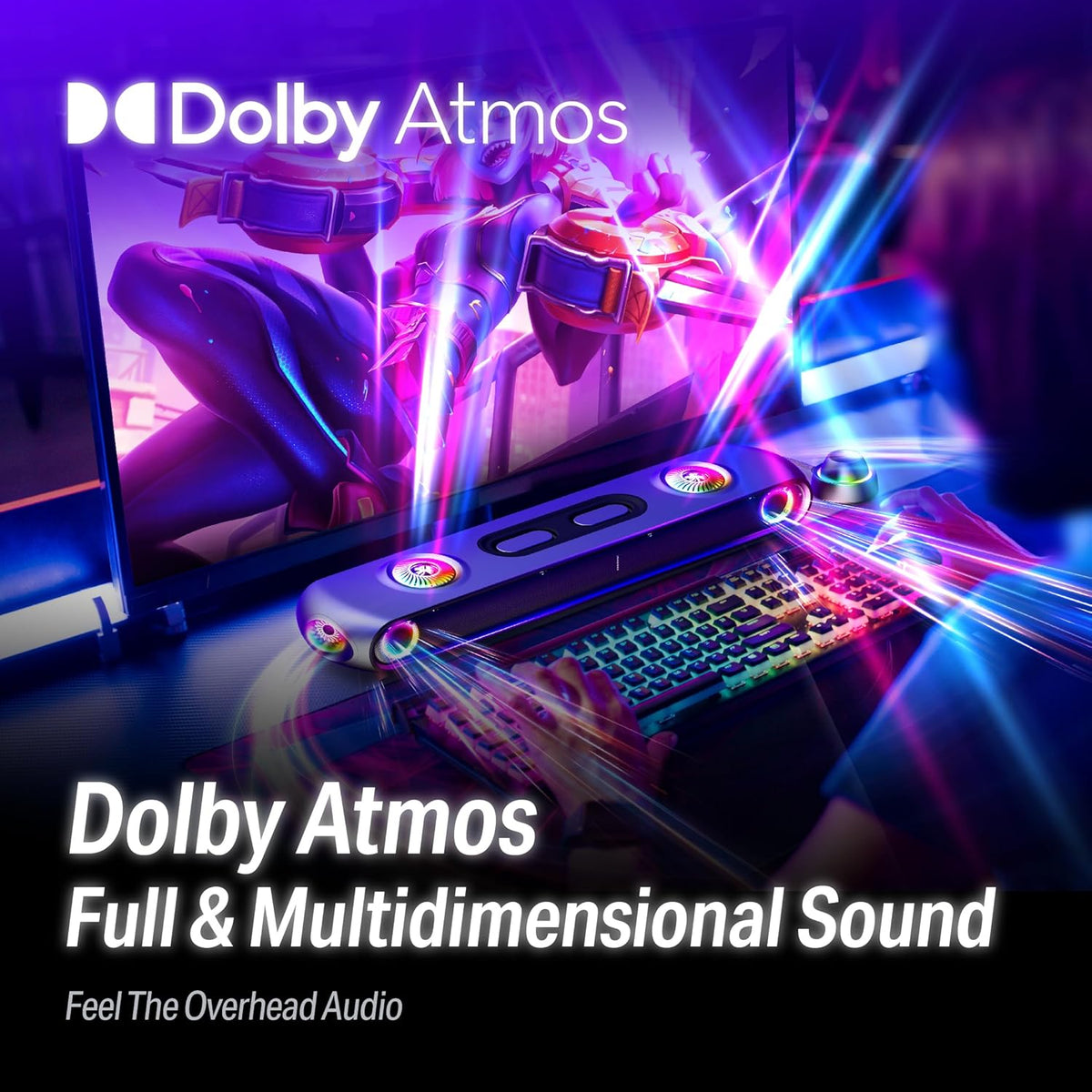 OXS Thunder Pro+ Gaming Soundbar met Draadloze Satelliet Nekluidspreker, 7.1.2 Dolby Atmos Surround Sound System, Ingebouwde Woofer, App Aanpassing, RGB Licht, 3 Gamer Modi, voor PC en Gaming Consoles
