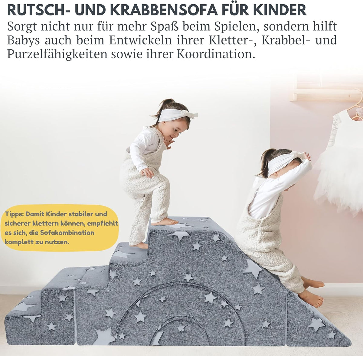 MeMoreCool Modulaire kinderbank van schuimrubber, uitklapbaar kinderkamermeubel met zit- en ligfunctie, zachte mini-bank met afneembare overtrek