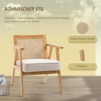 HOMCOM Sessel Wohnzimmer Relaxsessel mit Armlehnen, Sitzkissen, Loungesessel mit Rattan-Rückenlehne, Lesesessel mit Leinen-Optik, Holzrahmen, Polstersessel für Schlafzimmer Creme - QUORE