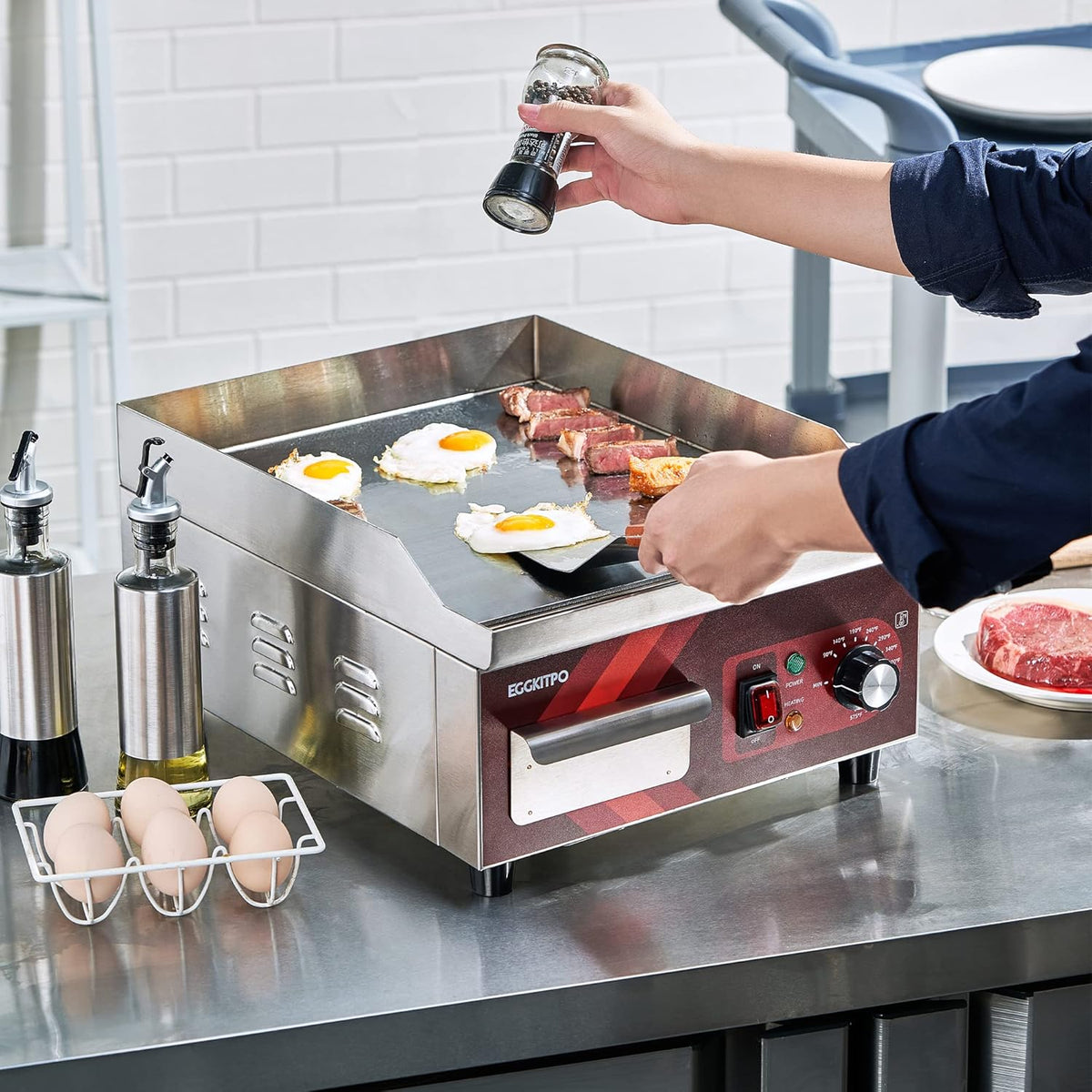 EGGKITPO Elektrische grillplaat, 35,6 cm, platte anti-aanbakgrill voor commercieel elektrisch werkblad van roestvrij staal, instelbare temperatuurregeling van 100 °F tot 900 °F voor thuisgebruik