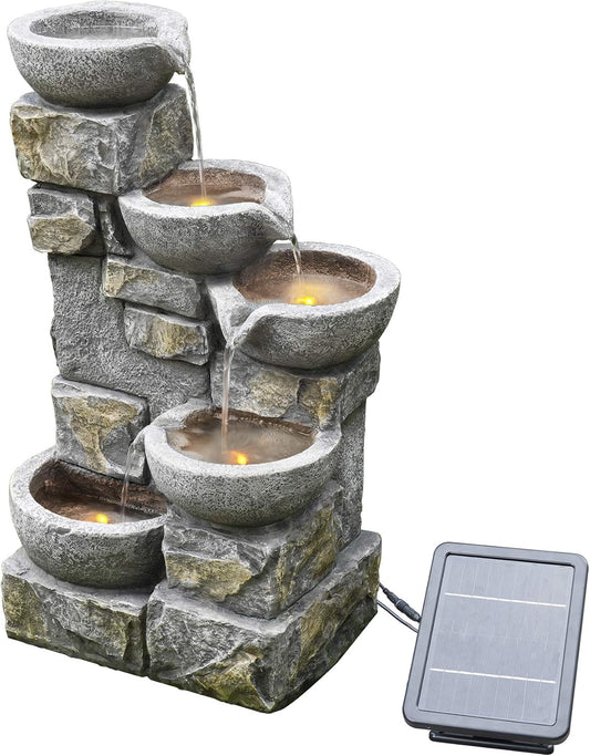 Teamson Home Buiten Tuin Water Fontein Met Lichten - Zonne-Energie - Waterornament - 4 Kommen Ontwerp - Waterval - Tuindecoratie - Binnen & Buitenhuis - Met Pomp - 43.2 x 30.5 x 68.6 (cm)