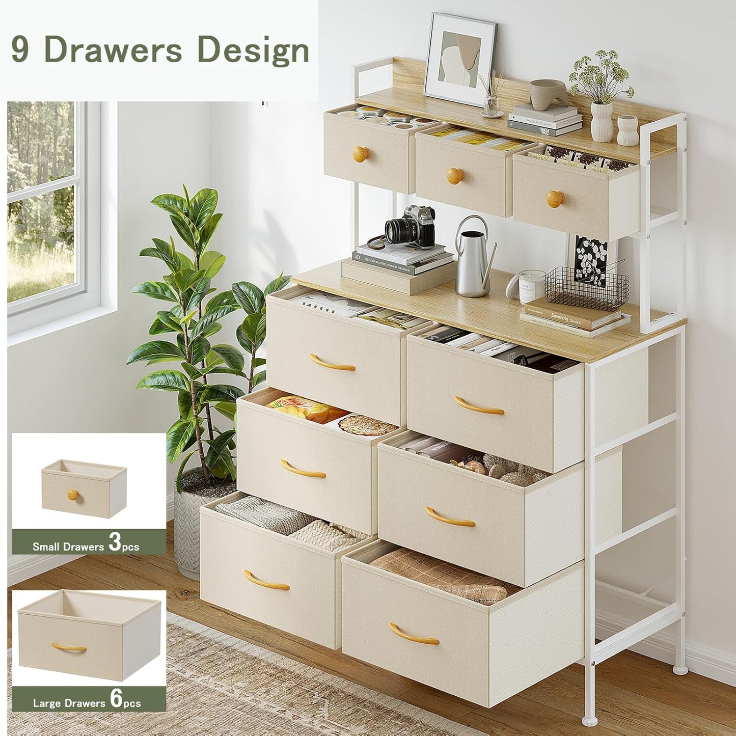 Ladekast – Opbergkast – Ladekast Met Handvatten – Ladekast Met Houten Bovenblad – Slaapkamerkast Beige – 9 Lades – Verstelbare Pootjes