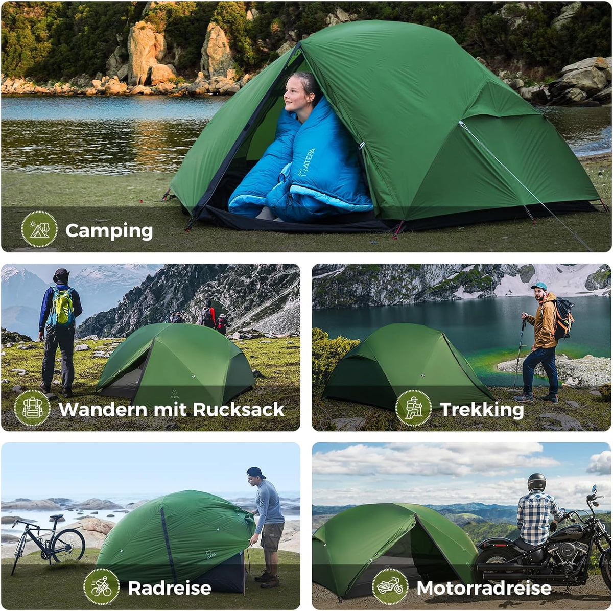 ATEPA Ultralichte Tent 2 Personen 1.9kg Waterdicht & Winddicht, Campingtent Afscheidbaar Mesh-Binnengedeelte met Voorbouw voor Trekking, Camping, Outdoor, Wandelen