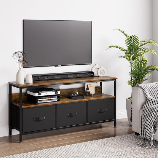 Zstar Tv-standaard, commode, mediaconsoletafel met 3 stoffen laden en open planken voor 55 inch televisie, verstelbare poten, metalen frame, comodetekast voor woonkamer, hal, slaapkamerdecoratie
