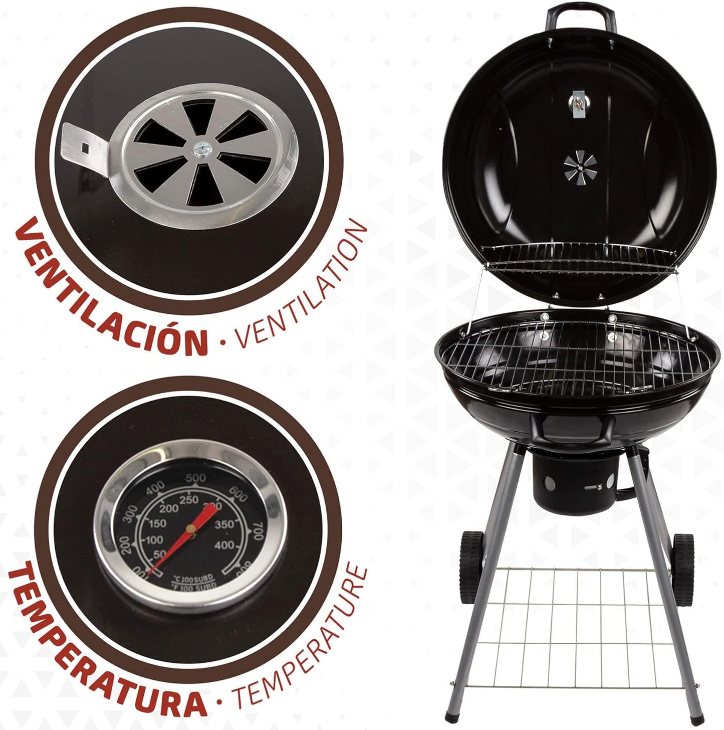 Aktive 52803 Draagbare houtskoolgrill, ronde grill met deksel, diameter 57 x 86 cm, met geïntegreerd ventilatiesysteem en asbak, temperatuurregeling, 2 wielen voor eenvoudig transport