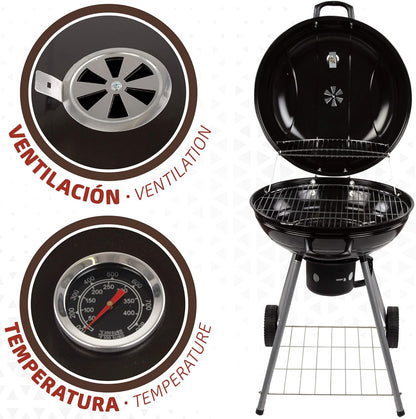 Aktive 52803 Draagbare houtskoolgrill, ronde grill met deksel, diameter 57 x 86 cm, met geïntegreerd ventilatiesysteem en asbak, temperatuurregeling, 2 wielen voor eenvoudig transport