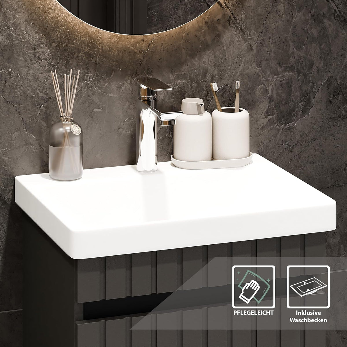 Planetmöbel Cosmia Bathroom Furniture Set Sink 50 x 60 x 35 cm Anthracite Mirror Lighting 50 cm Chrome Ceramic - QUORE