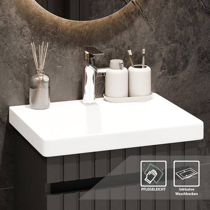 Planetmöbel Cosmia Bathroom Furniture Set Sink 50 x 60 x 35 cm Anthracite Mirror Lighting 50 cm Chrome Ceramic - QUORE