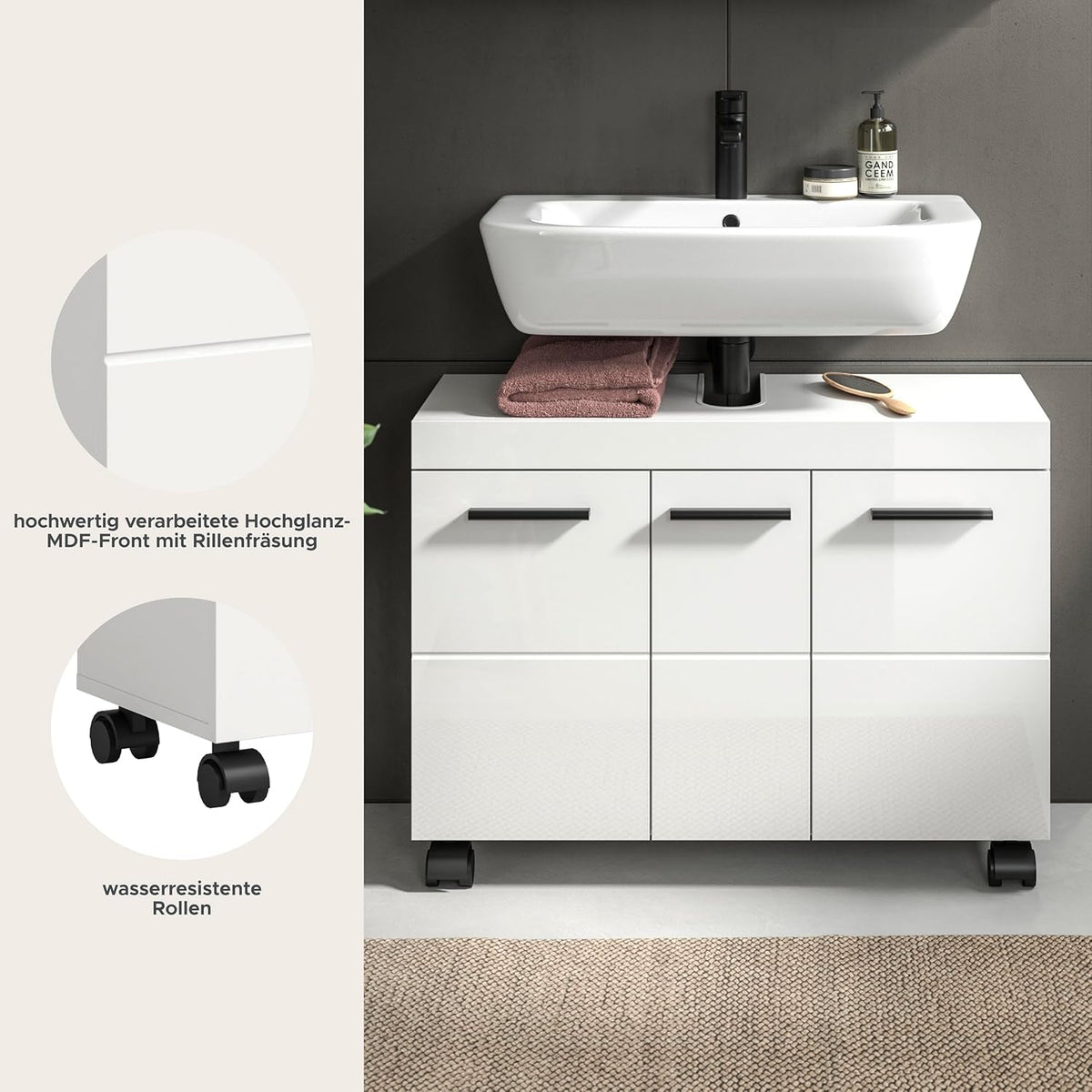 xonox.home – Wastafelonderkast Nova op wielen 80 x 58 x 30 cm in wit hoogglans – grote badkamerkast met 3 deuren, 3 planken en 6 vakken – veel opbergruimte op wielen, stijlvol en bijzonder