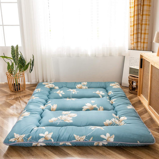 MAXYOYO Japanse vloermatras Futon-matras, dikker Tatami-mat slaapkussen opvouwbaar opklapmatras slaapzaal matraskussen vloer ligbed kussen bed (blauwe bloem, enkel)