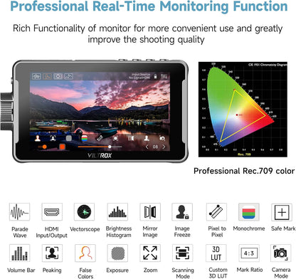 VILTROX DC-550 Touchscreen camera Field Monitor 5,5 inch 1200 Nits DSLR Camera Monitor 4K HDMI ingang/uitgang Full HD 1920x1080 IPS 3D-Lut Video Peaking Focus Assist met accu en zonnekap