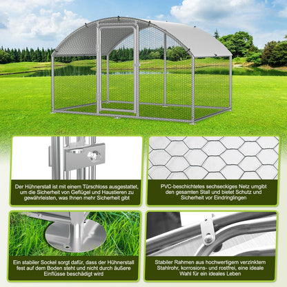 Chicken Coop Outdoor Run 3 x 2 x 2 m Chicken Coop Dome Roof Galvanised Steel Poultry Stable for Chickens, Rabbits, Geese and Pigeons and Quails, Metal Run with Net - QUORE