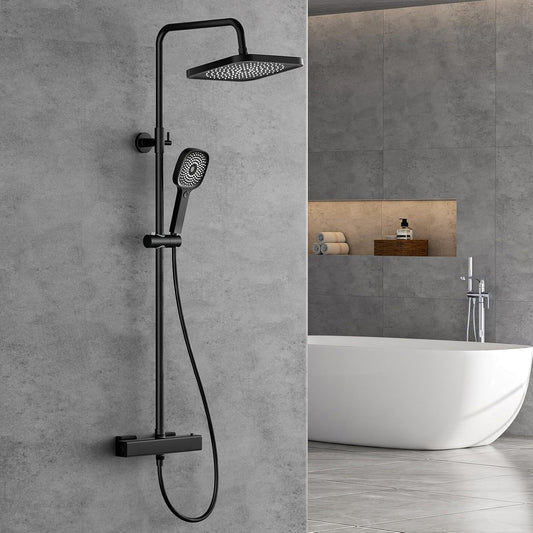 FORIOUS Shower System with Thermostat, Stainless Steel Shower Fixture, Complete Set with 25 cm Square Overhead Rain Shower, 90-125 cm Height Adjustable Shower Rod, 3 Jet Types,