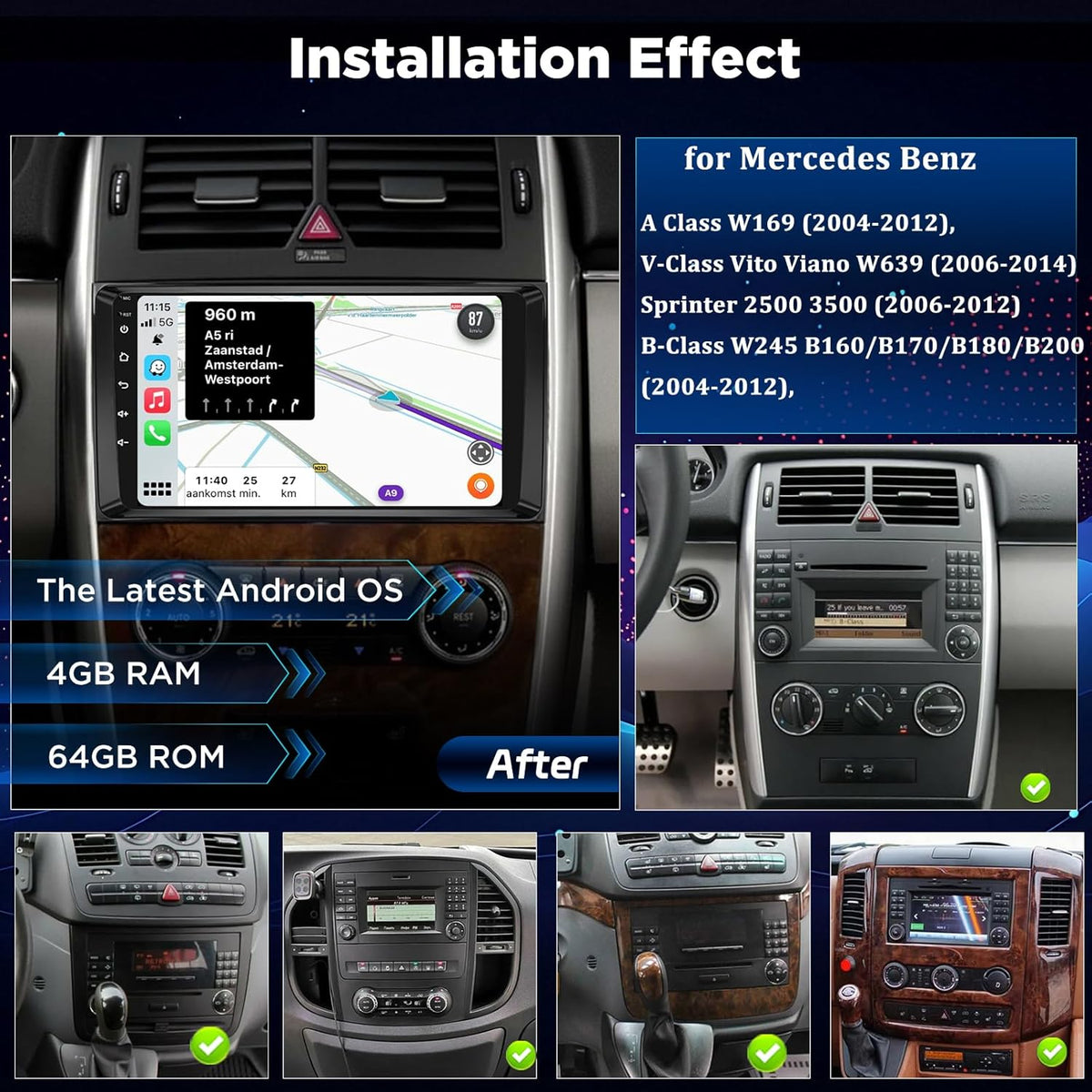 4+64GB Android Autoradio voor Mercedes Benz A/B/V Klasse & Sprinter, Draadloze CarPlay Android Auto, WiFi GPS Navigatie DSP Bluetooth USB Touchscreen Radio + Achteruitrijcamera