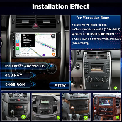 4+64GB Android Autoradio voor Mercedes Benz A/B/V Klasse & Sprinter, Draadloze CarPlay Android Auto, WiFi GPS Navigatie DSP Bluetooth USB Touchscreen Radio + Achteruitrijcamera