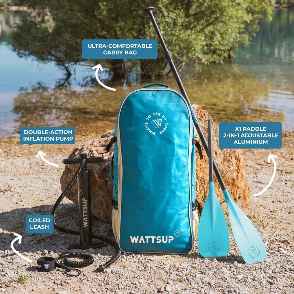 Wattsup - Sup Stand Up Paddle Opblaasbare Marlin 12'5-378x89x15cm Dropstitch - Compleet Pakket: peddel leash pomp draagtas - Tot 185kg -Blauw