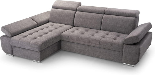Corner Sofa with Sleeping Function and Practical Bed Drawer - Comfortable Sofa Bed L Shape 264x165cm with Movable Headrests, Folding Sofa Bianco Grey, Sofa Right - QUORE