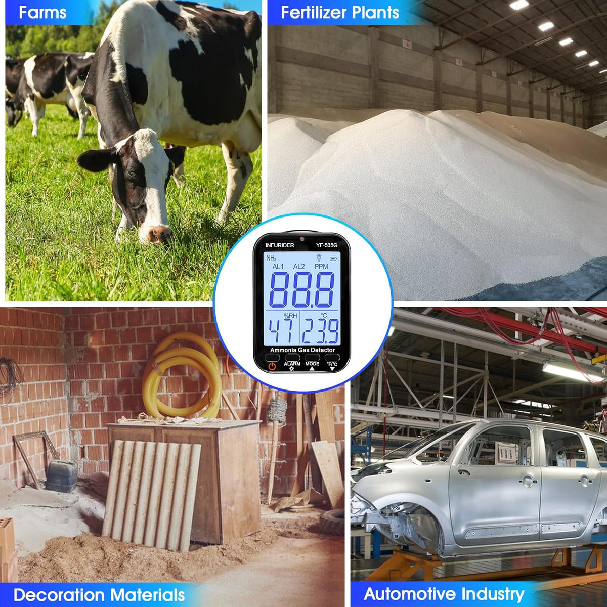 NH3 Gasmelder, ammoniak-gasdetector, gaslek-detector met akoestisch visueel alarm, binnenluchtkwaliteitsmeter voor ammoniak, draagbare gasdetector met bereik 0-100 ppm