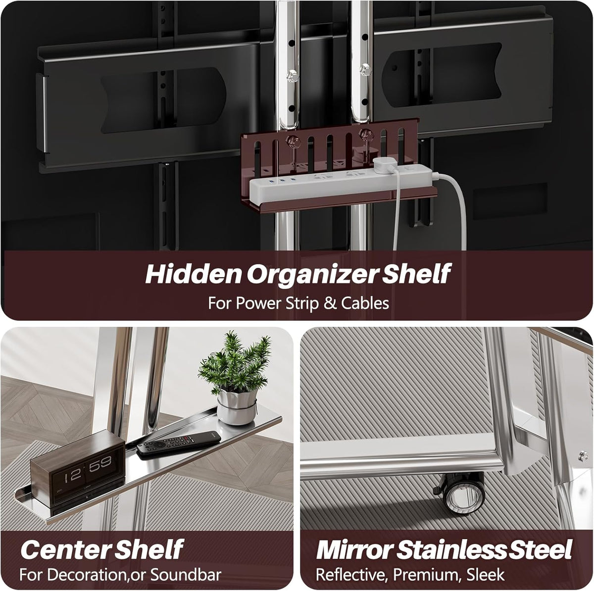 Mobiele tv-kar ezel rollende tv-standaard met soundbar-plank voor schermen van 32 tot 65 inch, minimalistisch roestvrijstalen frame met 360 ° wielen, draagbare vloer-tv's staan tot 80 lbs Max VESA