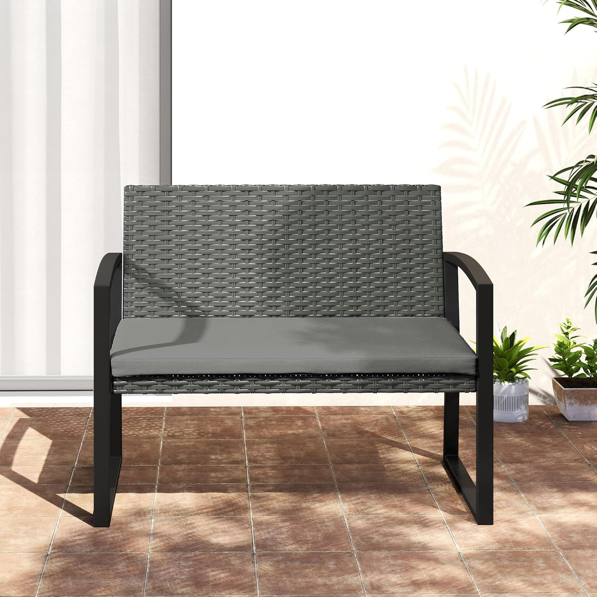 Outsunny Rattan Garden Bench 2 Seater Garden Bench with Cushion, Wicker Garden Bench with Armrests, Galvanized Steel Frame for Patio, Park, Dark Grey - QUORE