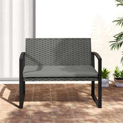 Outsunny Rattan Garden Bench 2 Seater Garden Bench with Cushion, Wicker Garden Bench with Armrests, Galvanized Steel Frame for Patio, Park, Dark Grey - QUORE