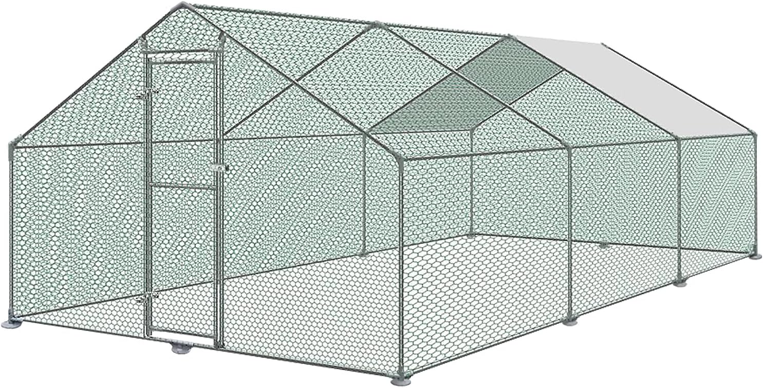 Chicken Coop 6 x 3 x 2 m, Free Running Chickens with PE Roof, Galvanised Steel with Lock, Aviary for Chicken Cage, Small Animals, Bird Cage - QUORE