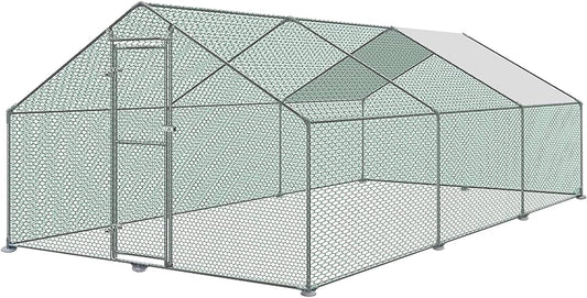 Chicken Coop 6 x 3 x 2 m, Free Running Chickens with PE Roof, Galvanised Steel with Lock, Aviary for Chicken Cage, Small Animals, Bird Cage - QUORE