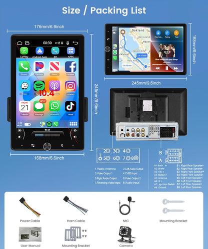 Autoradio 1 Din – Autoradio Draaibaar – Autoradio Touchscreen – Auto Multimedia Speler – Auto Radio Bluetooth – 10,4 Inch Draaibaar Touchscreen – Draadloze CarPlay & Android Auto