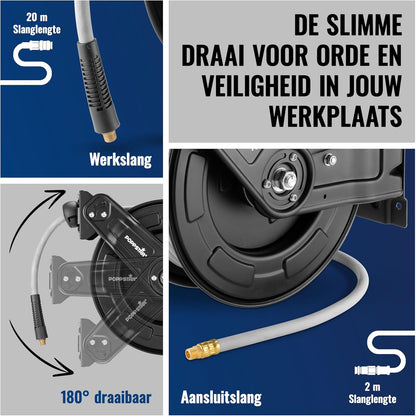 Poppstar Luchtslanghaspel van staal (20m+2m, diameter (9,2x15mm)), aansluitingen 1/4 inch BSPT