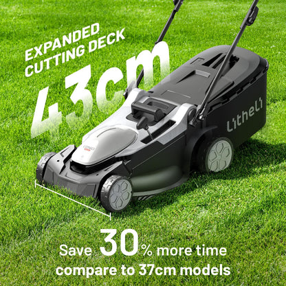 Litheli Accu Gazonmaaie 43cm, Brushless Motor, 40L Grasopvangbak met Mulchfunctie, 40V System tot 500 m², Elektrische Grasmaaier incl. 2x 4,0 Ah Accu’s