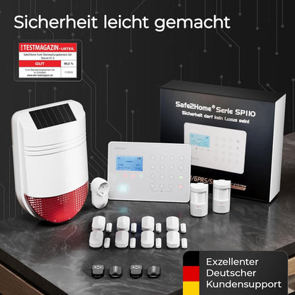 Safe2Home Draadloze alarmsystemen, grote set SP110, Sabotabescherming, sirene, Duits - alarmsysteem, SMS-alarmering, alarmsystemen voor thuis en kantoor