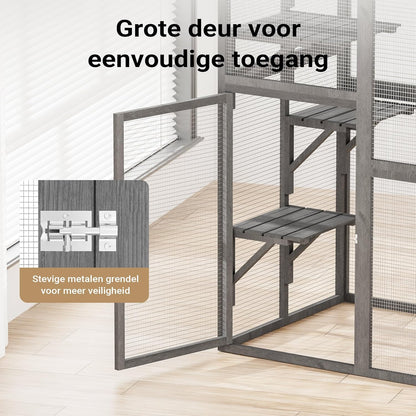 Wiltec buitenverblijf voor katten 116 x 82 x 175,7 cm, kattenvolière van hout met PVC-coating, kattenhuis met 5 niveaus, kattenverblijf voor tuin, balkon, kattenhut voor katten en dieren