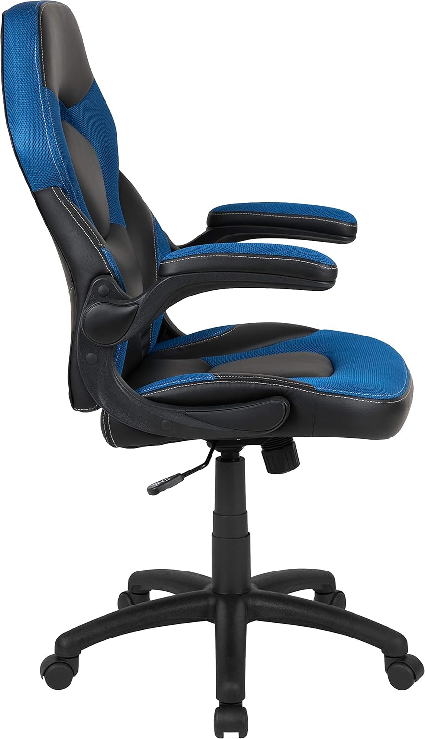 Flash Furniture X10 Gamingstoel, ergonomische bureaustoel voor pc- en gaming-setups, verstelbare gamerstoel met rugsteun, LeatherSoft, blauw/zwart - QUORE
